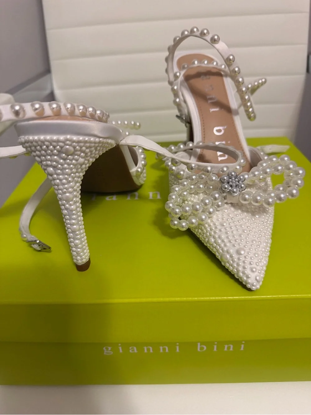 Gianni Bini White Pearl-Embellished Pointed Toe Slingback Heels